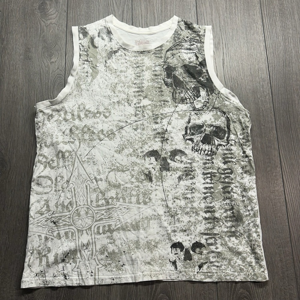MMA Elite Men White Skull Graphic Sleeveless Muscle Shirt Large Y2K Distressed